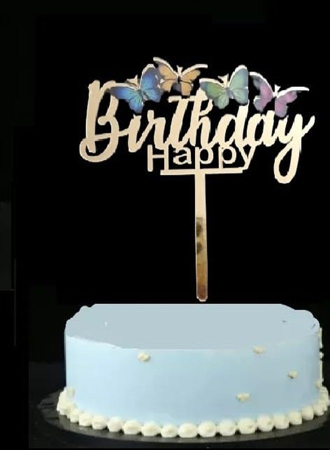 XilaMagic زينة كعكة عيد ميلاد سعيد مع فراشات، أكريليك ذهبي، تأثير ثلاثي الأبعاد بألوان قوس قزح - Image 2